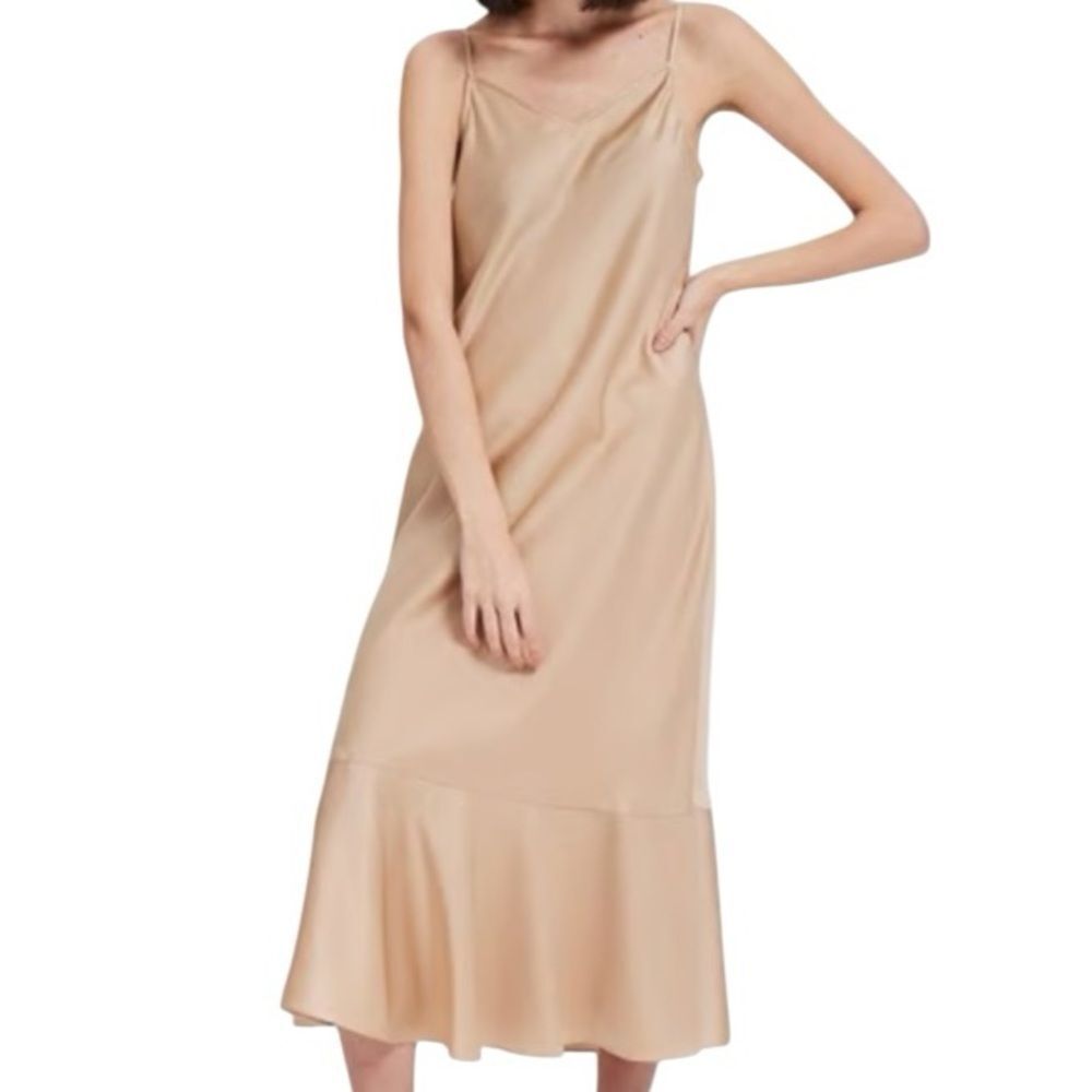Women's Satin Slip Midi Dress in Beige - Minimalist Summer Dress